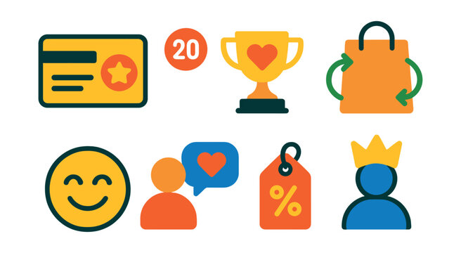 Flat vector icons of brand loyalty: reward card, points icon, loyalty trophy, repeated purchase, happy face, referral icon, loyalty discount, user crown.