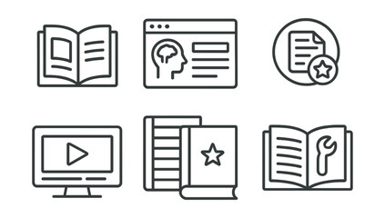 Line style icons of project management: reading resource icon, knowledge base panel, doc center badge, project playbook screen, best practice library, wiki style layout, guidebook for tools.