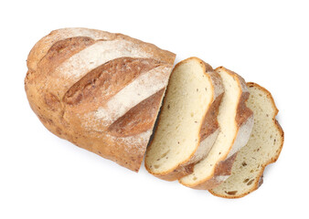 Cut loaf of bread isolated on white, top view