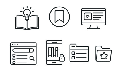 Line style icons of education and learning platforms: knowledge base icon, reference article badge, how-to guide screen, searchable resource list, library access panel, reading tracker layout,