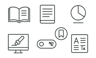 Line style icons of education and learning platforms: reading mode icon, long-form text layout, bookmark tag badge, scroll progress indicator, highlight tool screen, offline reading toggle, font and