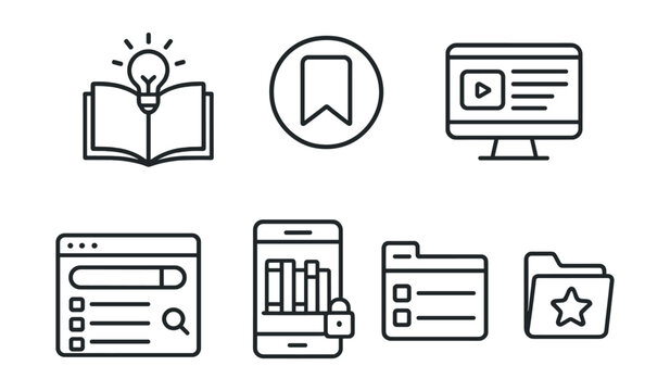 Line style icons of education and learning platforms: knowledge base icon, reference article badge, how-to guide screen, searchable resource list, library access panel, reading tracker layout,