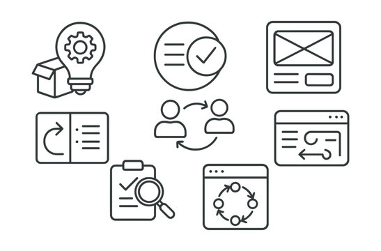 Line style icons of business innovation: product development icon, feature list badge, prototype builder screen, release iteration panel, user feedback loop, testing round icon, lifecycle tracker