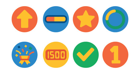 Flat vector icons of level and score (in circles): level up arrow, XP bar, high score star, progress ring, stage clear, score counter, mission complete, level badge.