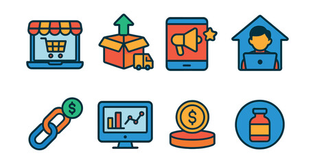 Flat vector icons of digital entrepreneurship: ecommerce laptop, dropshipping icon, online branding, remote startup, affiliate link, analytics dashboard, passive income, niche product.