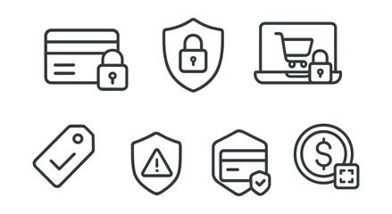 Line style icons of cybersecurity and privacy: safe payment icon, encrypted transaction badge, secure checkout screen, credit card shield panel, verified merchant tag, fraud protection alert,