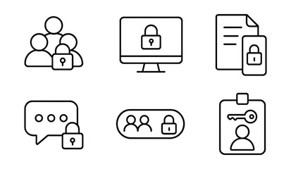 Line style icons of cybersecurity and privacy: secure collaboration icon, encrypted workspace badge, file share with lock screen, secure chat room layout, trusted team toggle, collaboration key card.