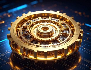 Fototapeta premium Gold mechanical gear system on dark background