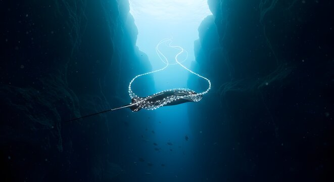 Majestic Stingray Underwater in a Deep Ocean Canyon, Illuminated by Sunlight