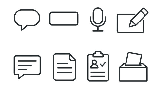 Line style icons of customer interaction: comment bubble icon, text field for feedback, voice message icon, write your review symbol, open-ended response box, optional notes section, support opinion