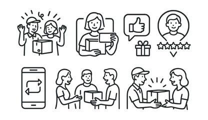 Line style icons of small business logistics: celebration after delivery, client photo with package, thank-you feedback symbol, review from local buyer, social story repost icon, community
