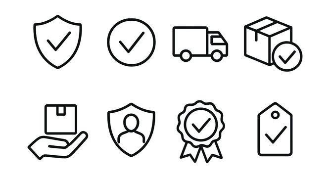 Line style icons of delivery marketing: trust badge icon, verified seller symbol, safe delivery promise, package integrity guarantee, secure handoff icon, customer protection shield, verified courier