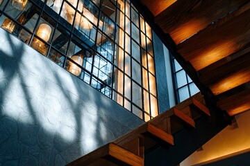modern architectural staircase with wooden steps, textured walls and large industrial-style windows reflecting warm pendant lighting in a stylish contemporary interior with natural light and shadows