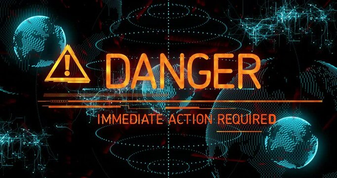 Detecting anomaly dotted globes showing warning icon and glitching text requesting immediate action