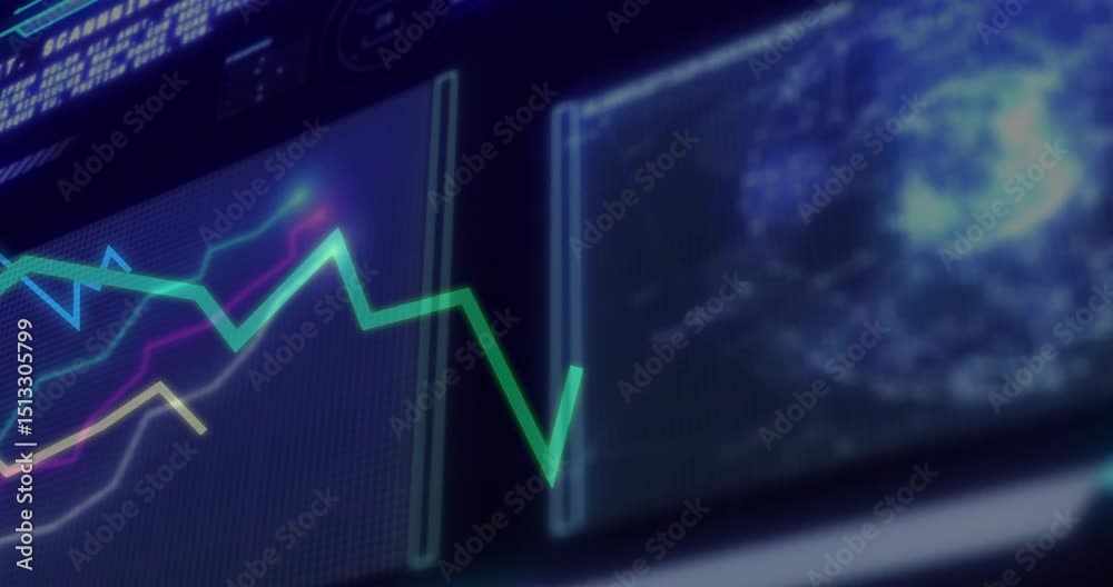 Poster monitor opening, green line ascending and oscillating with multi-color traces for data processing