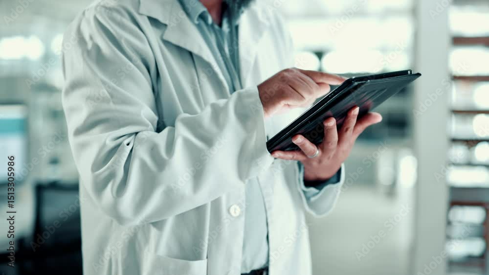 Aufkleber laboratory, hands and scientist with tablet for typing, investigate and scroll report for medical. h