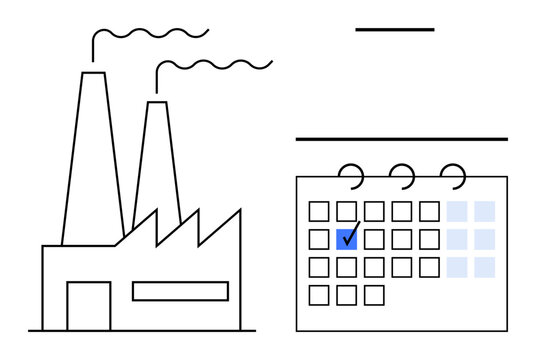 Factory factory silhouette with chimneys and smoke next to checklist themes, planning management reminder future deadline delivery task commitments appointment work flat wrapper concept