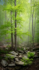 Fototapeta premium Serene Spring Forest Stream A Misty Woodland Scene.