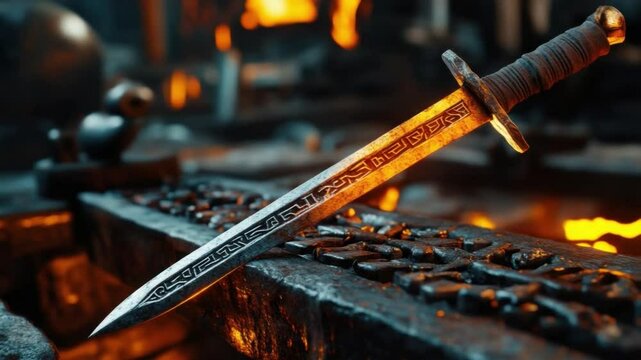 Medieval Dagger on Anvil: A meticulously crafted medieval dagger rests on a blacksmith's anvil, its intricate carvings highlighted by the warm glow of the forge in the background.