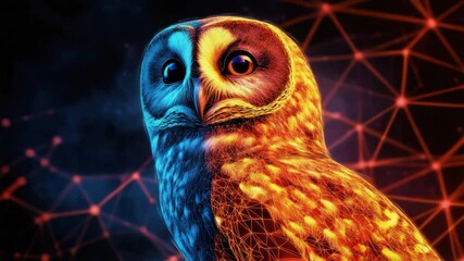 Mystical Owl in Dual Light: A captivating artwork unveils an owl split in two halves, one bathed in cool blue, the other in warm orange, set against a backdrop of interconnected digital networks.