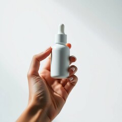 Elegant Serum Bottle Mockup in Hand with Clean Aesthetic, emphasizing cosmetic applications.