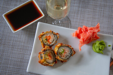 Lovely sushi dish served at home, ready to be enjoyed with a good wine