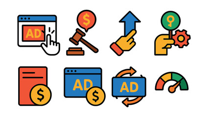 Flat vector icons of PPC and ad strategy: pay-per-click icon, ad auction, bid strategy, keyword match, campaign spend, cost-per-click, ad rotation, bidding meter.