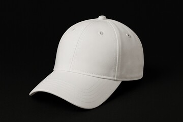 Fototapeta premium White Baseball Cap on Black Background - Clean Sportswear Display - Isolated Headwear