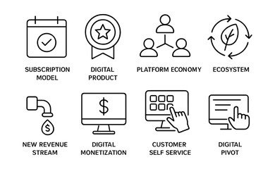 Line style icons of business model transformation: subscription model icon, digital product badge, platform economy, ecosystem icon, new revenue stream, digital monetization, customer self-service,