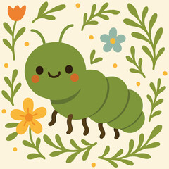 Сheerful caterpillar illustration in a flat, whimsical style, surrounded by charming floral and leaf elements