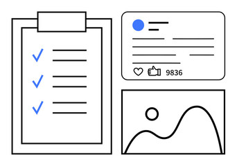 Checklist with checkmarks, social post with engagement metrics, and a basic line chart. Ideal for productivity, analytics, social media, workflow, UIUX design, planning and a simple landing page