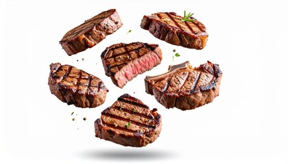 Grill Pork Chops Beef steaks, realistic 3d brisket flying in the air, grilled