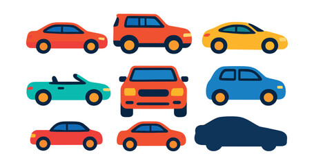 Fototapeta premium Flat vector icons of cars and vehicles: sedan car, SUV, sports car, compact car, convertible, car front view, side profile, car silhouette.