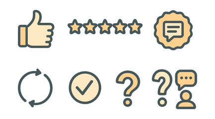 Outline with Fill icon set for feedback and reviews: thumbs up, five stars, comment form, review badge, feedback loop, approval check, question mark, client voice.