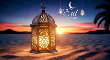 New Eid Al-Adha Mubarak background design, Ramadan Lantern Lamp with sunset sky, Islamic concept image, Ramadan Mubarak English and Arabic calligraphy, eid flyer design
