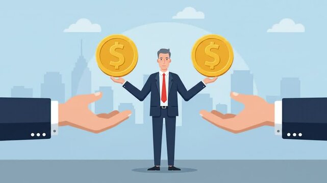 Man Holding Gold Coins in Balanced Position, Hand Offering Money in City