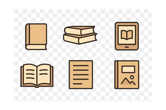 Outline with Fill vector icons of book types and uses: closed book, stack of books, bookmark, digital book, open page, table of contents, book cover, illustrated page.