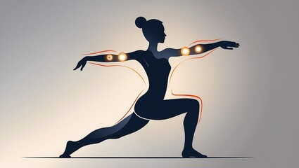 A simple stylized silhouette of a person stretching with glowing joints at the shoulder elbow and knee showcasing movement and flexibility. The background is neutral with light gradient effects creati