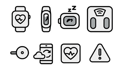 Outline with Fill icon set for smart health tech: smartwatch, fitness tracker, sleep monitor, connected scale, glucose sensor, app sync, heart stats, alert icon.