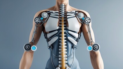 A stylized human upper body with mechanical joint overlays at the elbows shoulders and spine depicted as rotating gears and soft hydraulic lines. Soft blue/grey background modern tech-medical fusion s