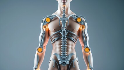 A stylized human upper body with mechanical joint overlays at the elbows shoulders and spine depicted as rotating gears and soft hydraulic lines. Soft blue/grey background modern tech-medical fusion s