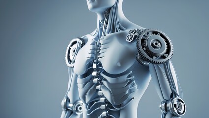 A stylized human upper body with mechanical joint overlays at the elbows shoulders and spine depicted as rotating gears and soft hydraulic lines. Soft blue/grey background modern tech-medical fusion s