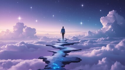 A surreal landscape showing a small figure walking alone on a floating path suspended in the sky surrounded by stars and clouds symbolizing mental isolation and escape. Cool purple and