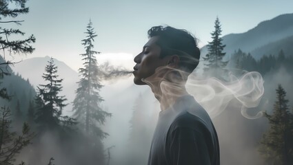 A tranquil mountain landscape subtly overlaid with a ghosted figure inhaling deeply the breath lines blending with mist or fog around the trees. Earth-toned palette minimal detailing plenty of sky