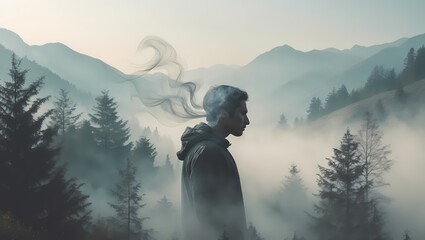 A tranquil mountain landscape subtly overlaid with a ghosted figure inhaling deeply the breath lines blending with mist or fog around the trees. Earth-toned palette minimal detailing plenty of sky