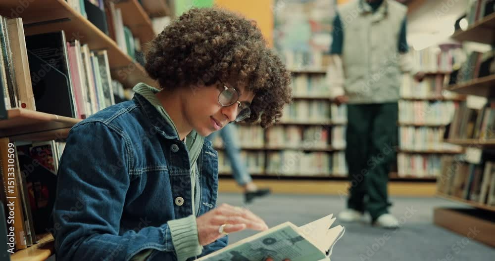 Poster Student, man and reading a book in library for exam preparation, study insight and test knowledge. College, person and course resources on floor with thesis citation, research solution and education