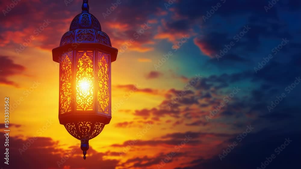 Poster A lantern hangs from the side of a building as the sun sets in the background