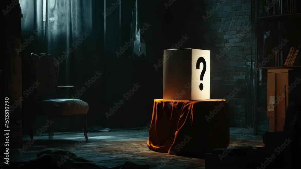 Aufkleber A box with a question mark on it in a dark room, suitable for themes of uncertainty or introspection