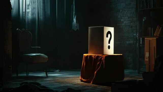A box with a question mark on it in a dark room, suitable for themes of uncertainty or introspection