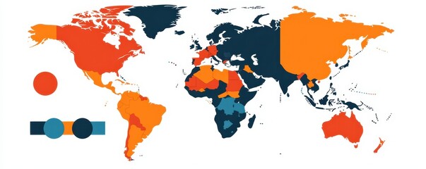 Obraz premium economy consumption sustainability concept. World map illustrating various regions with distinct color codes representing data or categories.